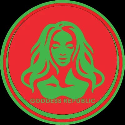 Green Goddess Republic cosmetics brand logo – green female figure on red circular background