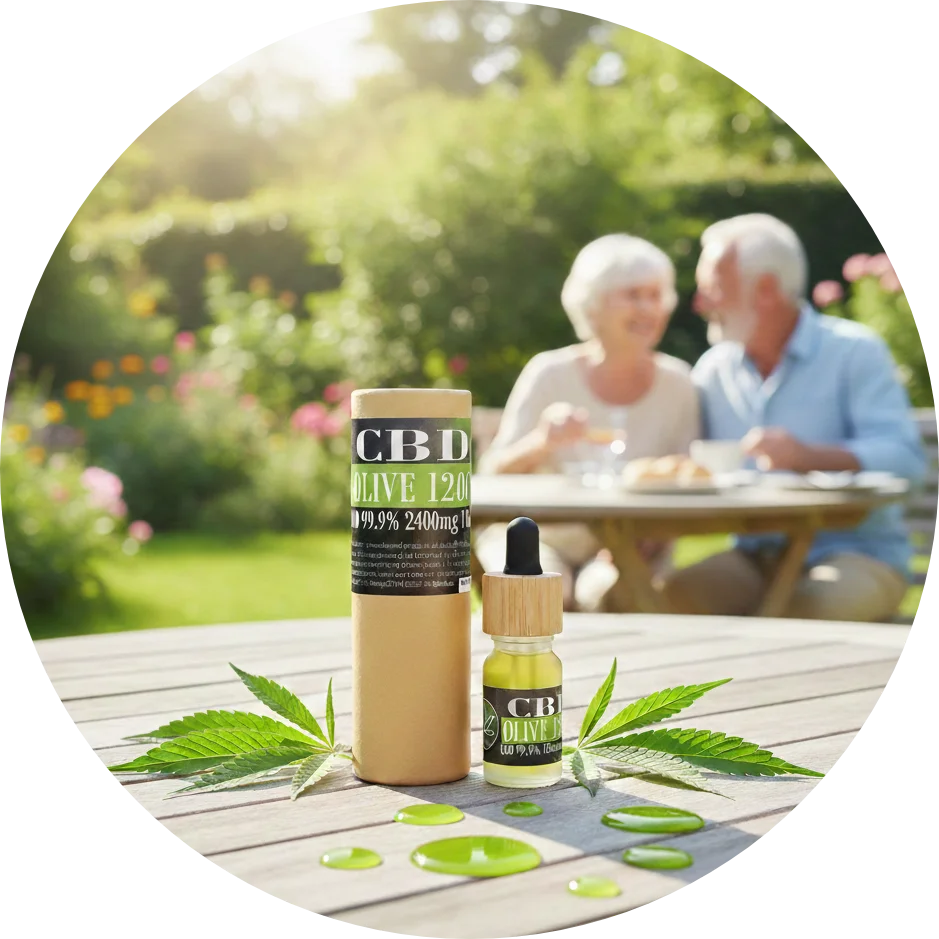 CBDITALY CBD Olive Oil 12% Sportline dropper bottle with kraft tube on garden table, senior couple in background