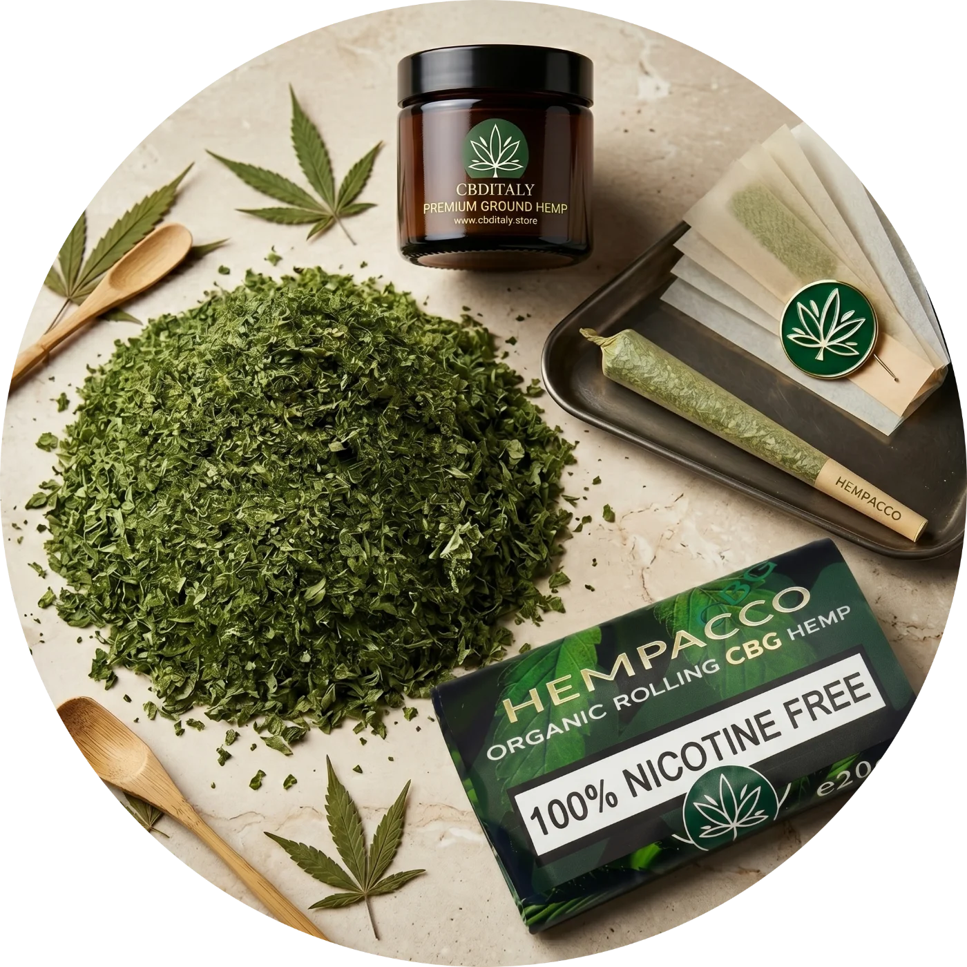 CBDITALY Hempacco CBG 7% 20g loose hemp blend with rolling papers and amber jar, 100% nicotine free