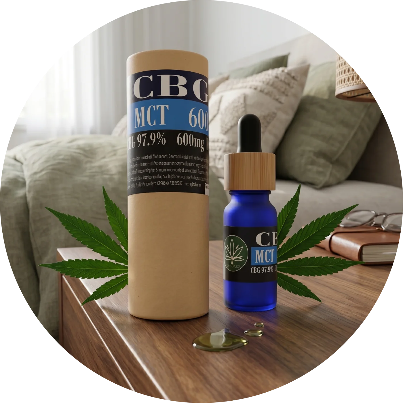 CBDITALY CBG MCT Oil 6% 600mg THC-free Sportline blue glass dropper bottle with kraft tube on bedside table