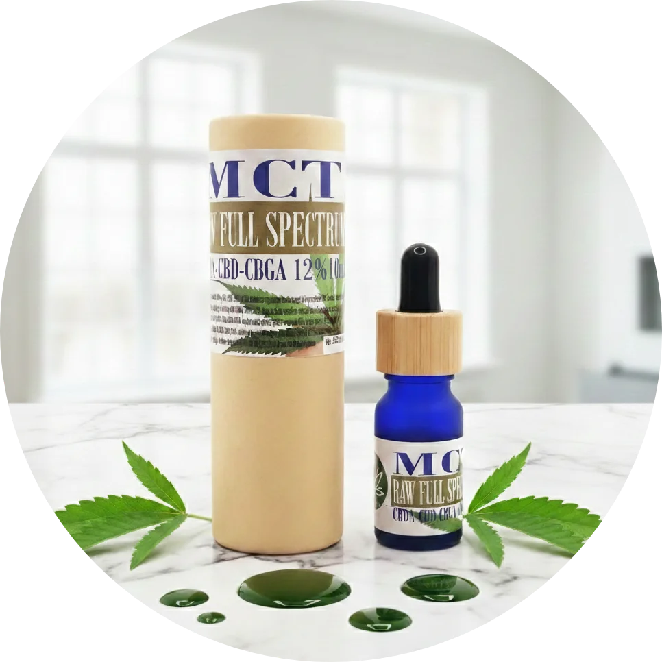CBDITALY MCT CBD+CBDA Oil 12% RAW full spectrum blue glass dropper bottle with kraft tube packaging and hemp leaves
