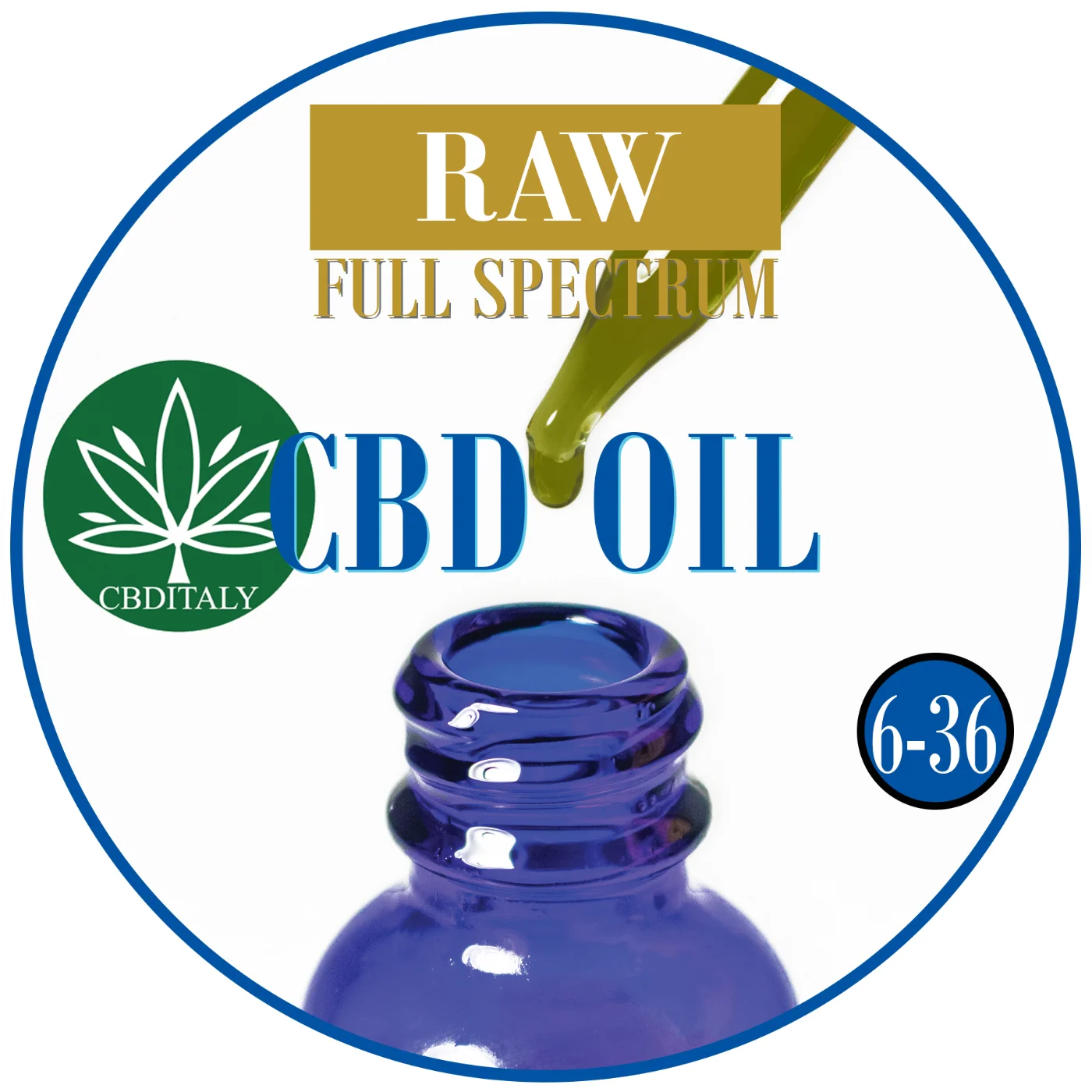 CBDITALY CBD+CBDA Oil RAW full spectrum blue glass dropper bottle, concentration range 6-36