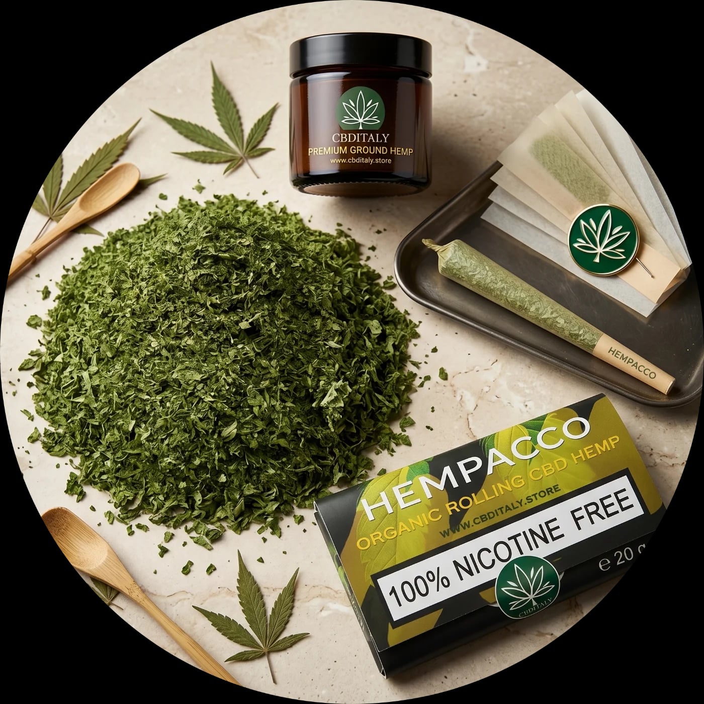 CBDITALY Hempacco CBD 7% 20g loose hemp blend with rolling papers and amber jar, 100% nicotine free