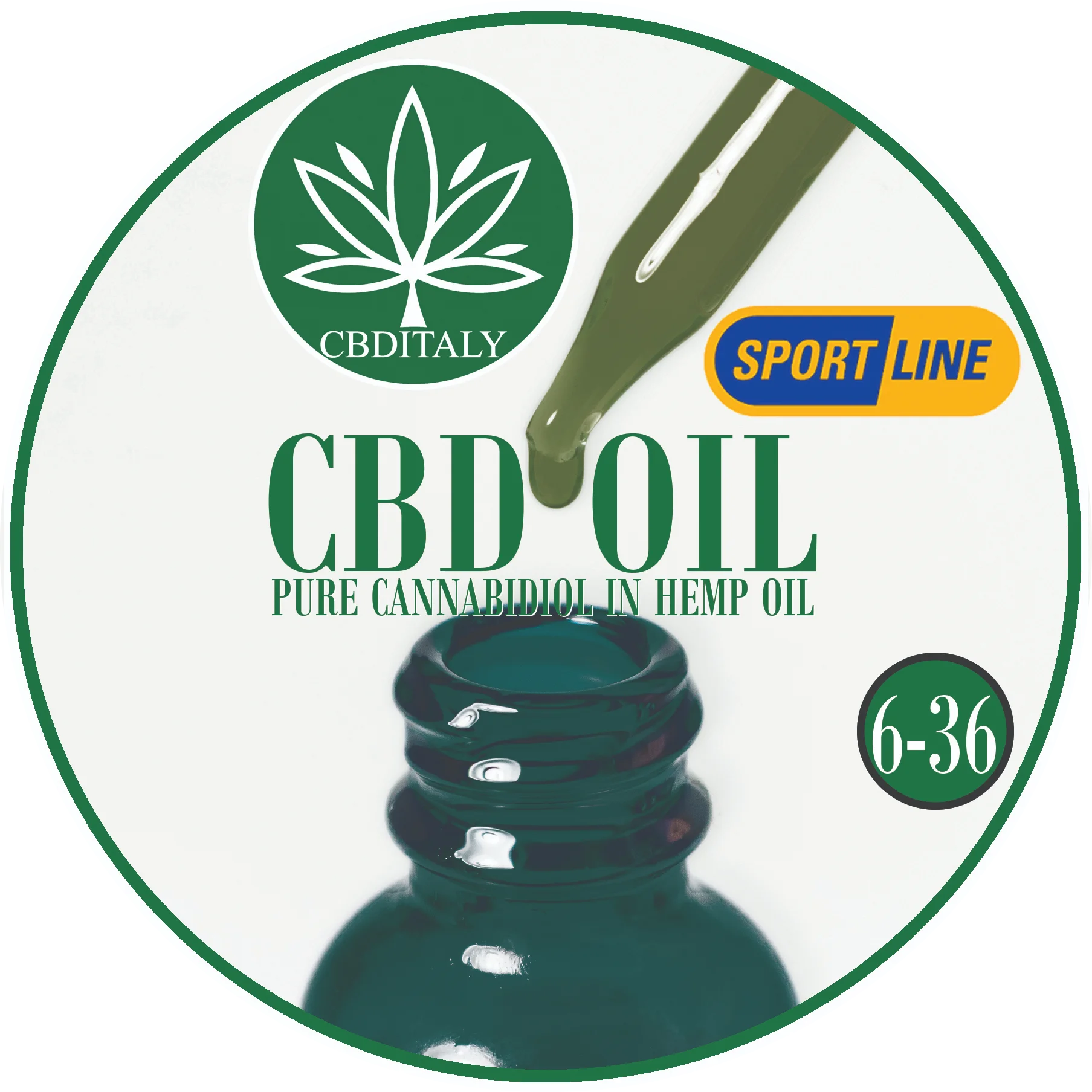 CBDITALY CBD Hemp Oil 12-36% SPORTLINE hero shot of hemp wellness supplement bottle for sport